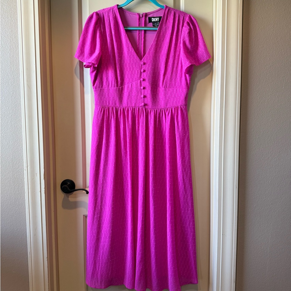 DKNY Hot Pink Midi Dress with Button Front